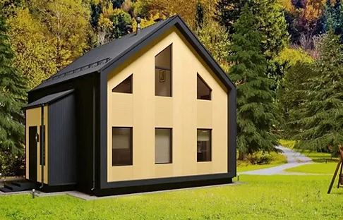 "Prefab SIP woning met moderne gevel en grote ramen" "Prefab huis interieur energiezuinige woning"