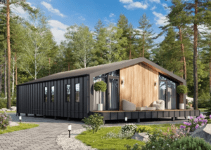 "Prefab SIP woning met moderne gevel en grote ramen" "Prefab huis interieur energiezuinige woning"