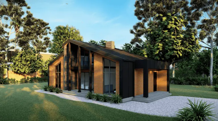 "Prefab woning met moderne gevel en grote ramen" deze woning heeft 2 verdiepingen