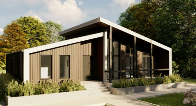 "Prefab SIP woning met moderne gevel en grote ramen" "Prefab huis interieur energiezuinige woning"